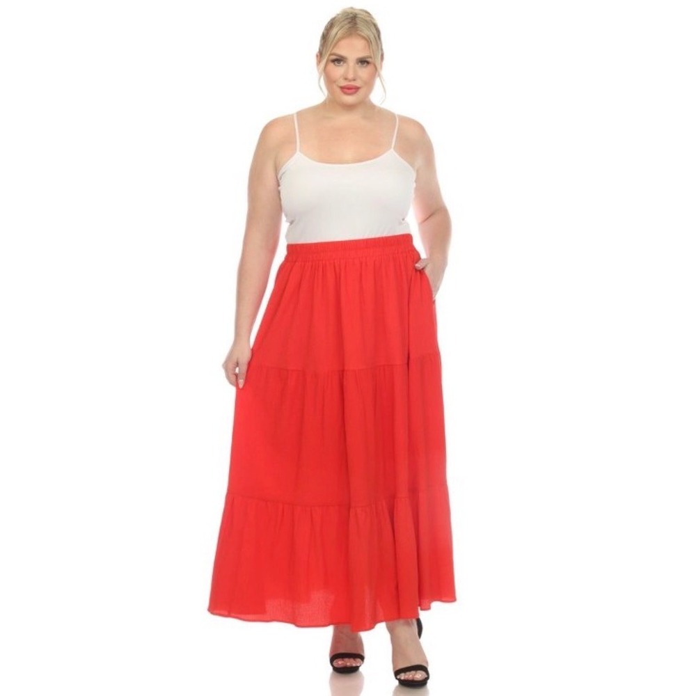 And Now This Plus Size Red Pleated Tiered Maxi Skirt 0XL